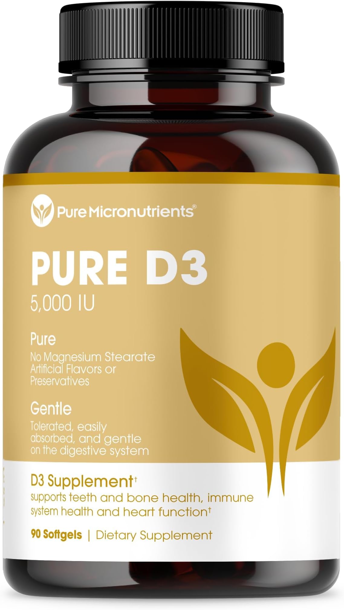 Pure D3 – Vitamin D3 5000 IU, Natural Vitamin D Supplements (Cholecalciferol) - Immune Support, Healthy Muscle Function & Bone Health - 90 Mini Softgels