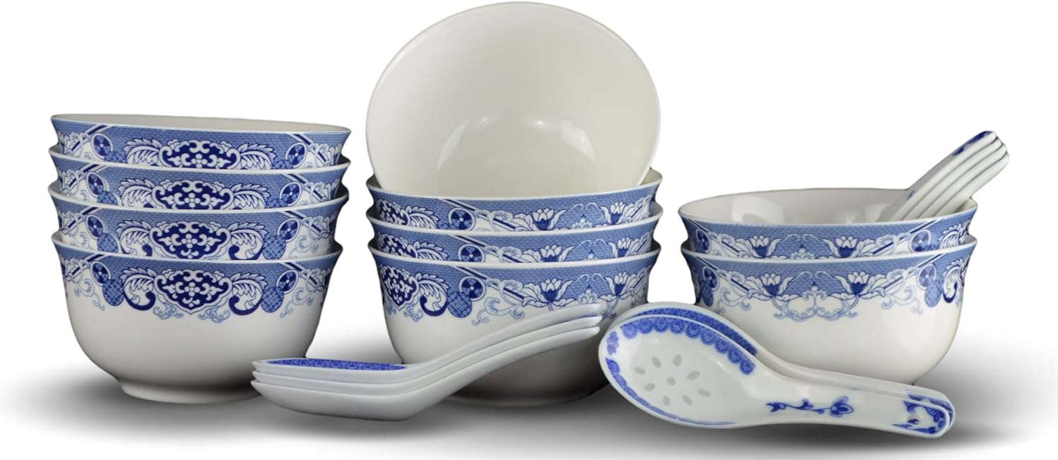 Festcool 6 Pcs Fine Bone China Blue and White Chinese Soup Bowls Ceramic Porcelain Bowl, with Free 6 Porcelain Spoons Rice Bowl (6)