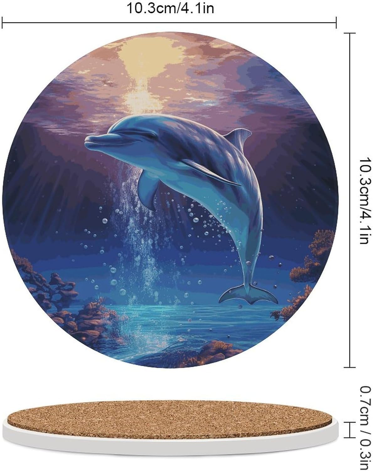Ocean Dolphin Coasters Round Coasters Set Ceramic Stone Coaster with Cork Base Coffee Cup Beverage Cup Mat Cute Funny Table Drinks Coaster for Mugs and Cups Office Kitchen