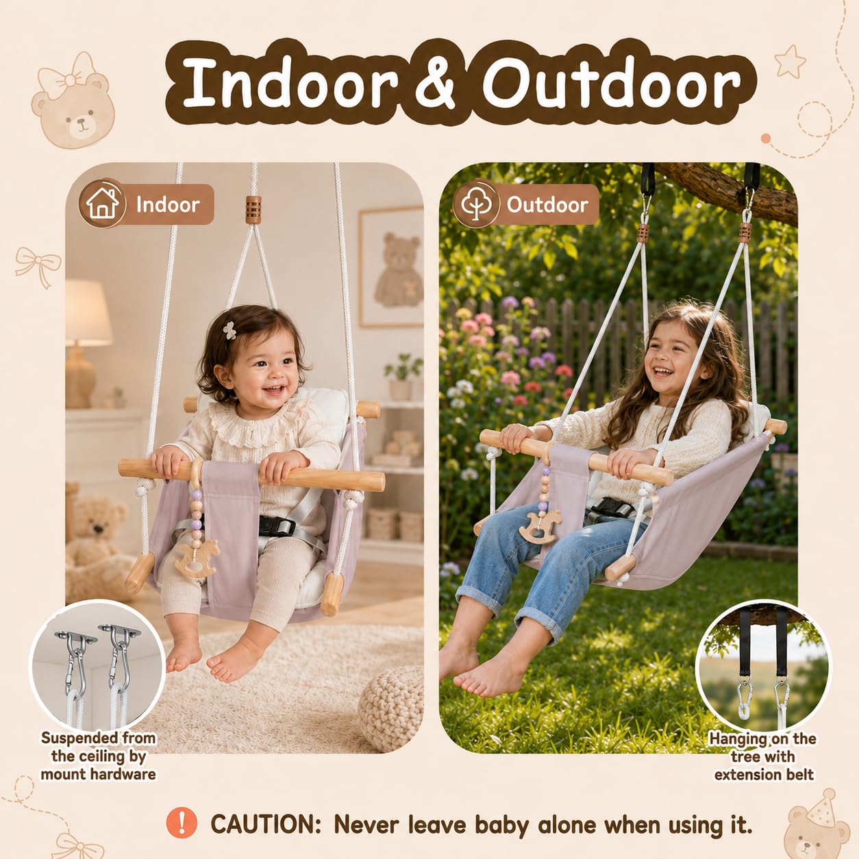 Altalena per Bambini da Interno ed Esterno 3 in 1, Altalena Sospesa in Legno con Cintura di Sicurezza e Cuscino in Cotone, Altalena sospesa e seggiolino, Sedia a Sdraio per Bambini, 6-36 Mesi