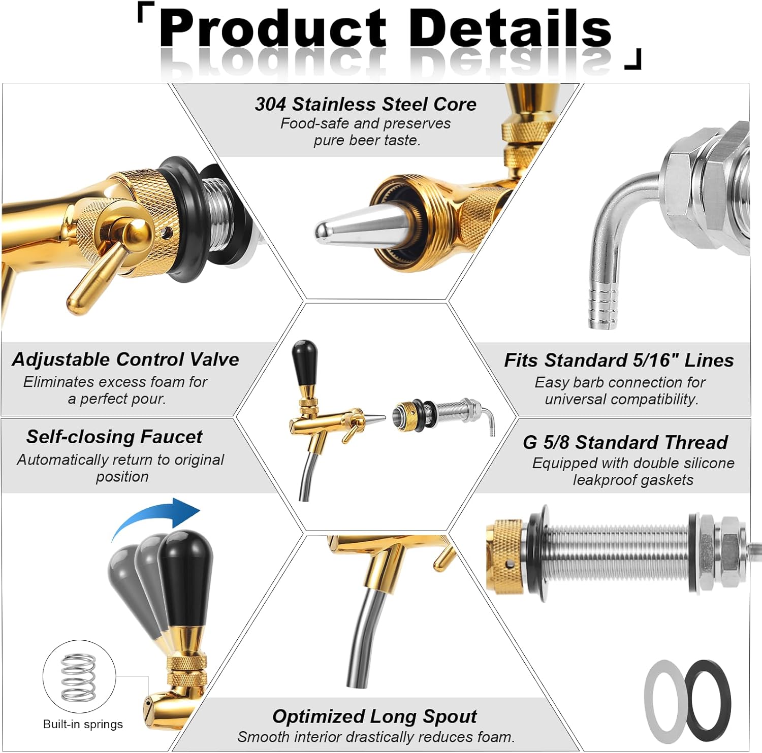 Beer Tap Faucet 4'' Long Beer Tap Shank, Brass Beer Faucet Stainless Steel Core Draft Beer Dispenser Beer Keg Tap Bar Tap 5/16'' Barb G5/8 Thread with Flow Valve for Kegerator, Freezer, Fridge, Wall
