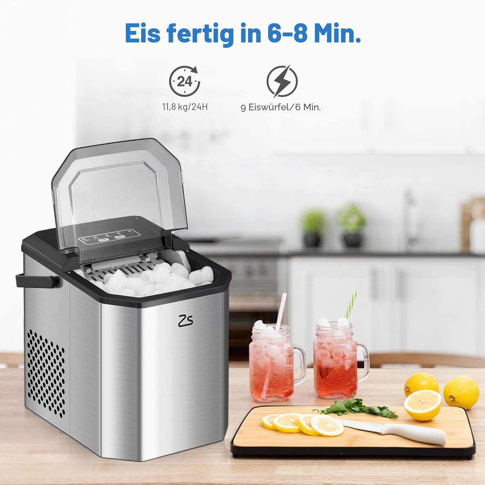 GarveeTech Schnelle & kompakte Eiswürfelmaschine – 120W, 9 Würfel in 6 Min, 12kg/24h – Selbstreinigend, mit Eisschaufel & Korb, tragbarer Eisbereiter für Party, Büro, Bar, Wohnmobil – Europäische