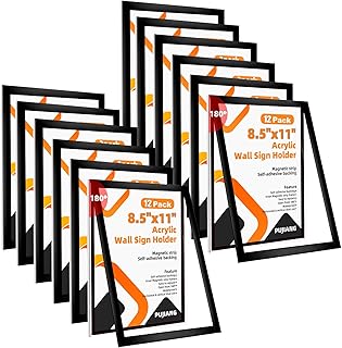 12 Pack 8.5x11 Acrylic Sign Holder Wall Mount with Framed Border, Peel & Stick Adhesive & 180° Flip Design - Single-Sided Clear Plastic Display for Menu, Poster, Flyer (Horizontal/Vertical) - Office, Home, Restaurant,No Drilling