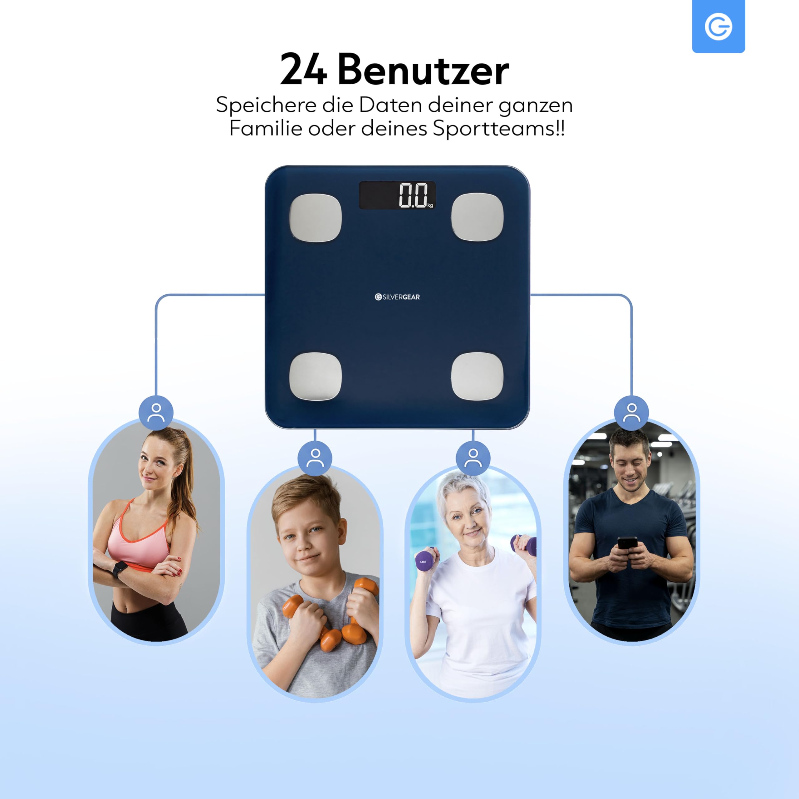 Silvergear® Körperfettwaage | Personenwaage Digital | Bluetooth Körperfettwaage mit App | Smart Waage für Körperanalyse, Muskelmasse & BMI | 27x27cm | Blau