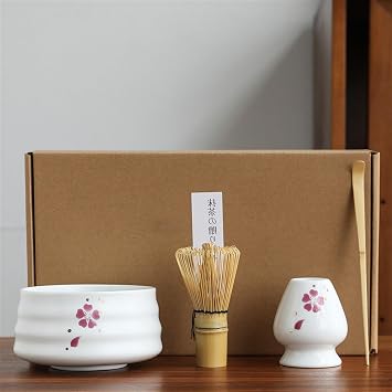 LUNCHS 4-Piece Set Matcha Kit Handmade Make Matcha Whisk and Bowl Suitable for Friends Who Like Tea Ceremony Matcha Whisk SetWhite+pink