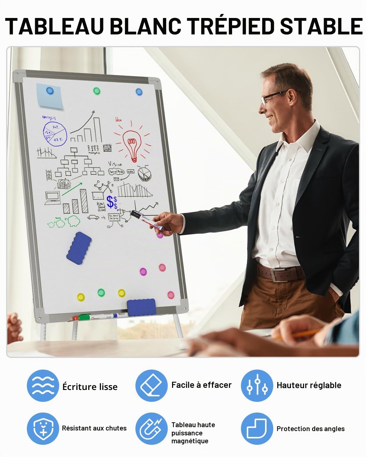Nicpro tableau blanc magnetique 60 x 90 cm avec 4 stylos à base d'eau- 10 aimants- 2 Gomme, trépied à hauteur réglable, tableau blanc effacable sur pied pour étudiants, bureau, maison, classe