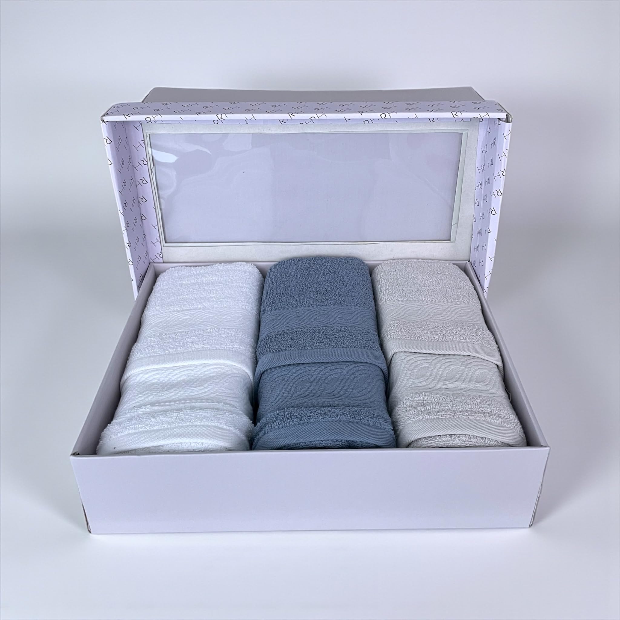 Bifulco x Rebecca Home Set di 6 Asciugamani in Spugna 100% Cotone 3 Viso 60x100 + 3 Ospite 40x60 con Balza Jacquard Art. Onda (Bianco/Indigo/Grigio)