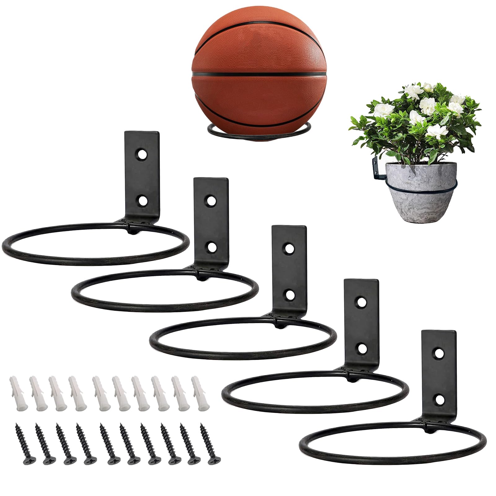 Support Ballon Foot,Support Mural Pliable à 5 Compartiments avec Vis pour Ballons Support Mural pour Ballons de Basket, de Football et de Volley-Ball Rangement et Présentation 10 Cm