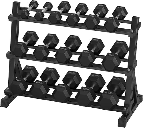 Miniatura 25 de Juego de mancuernas hexagonales con estante, 290-670 lb juego de mancuernas de ejercicio y fitness con revestimiento de goma, peso de mano para