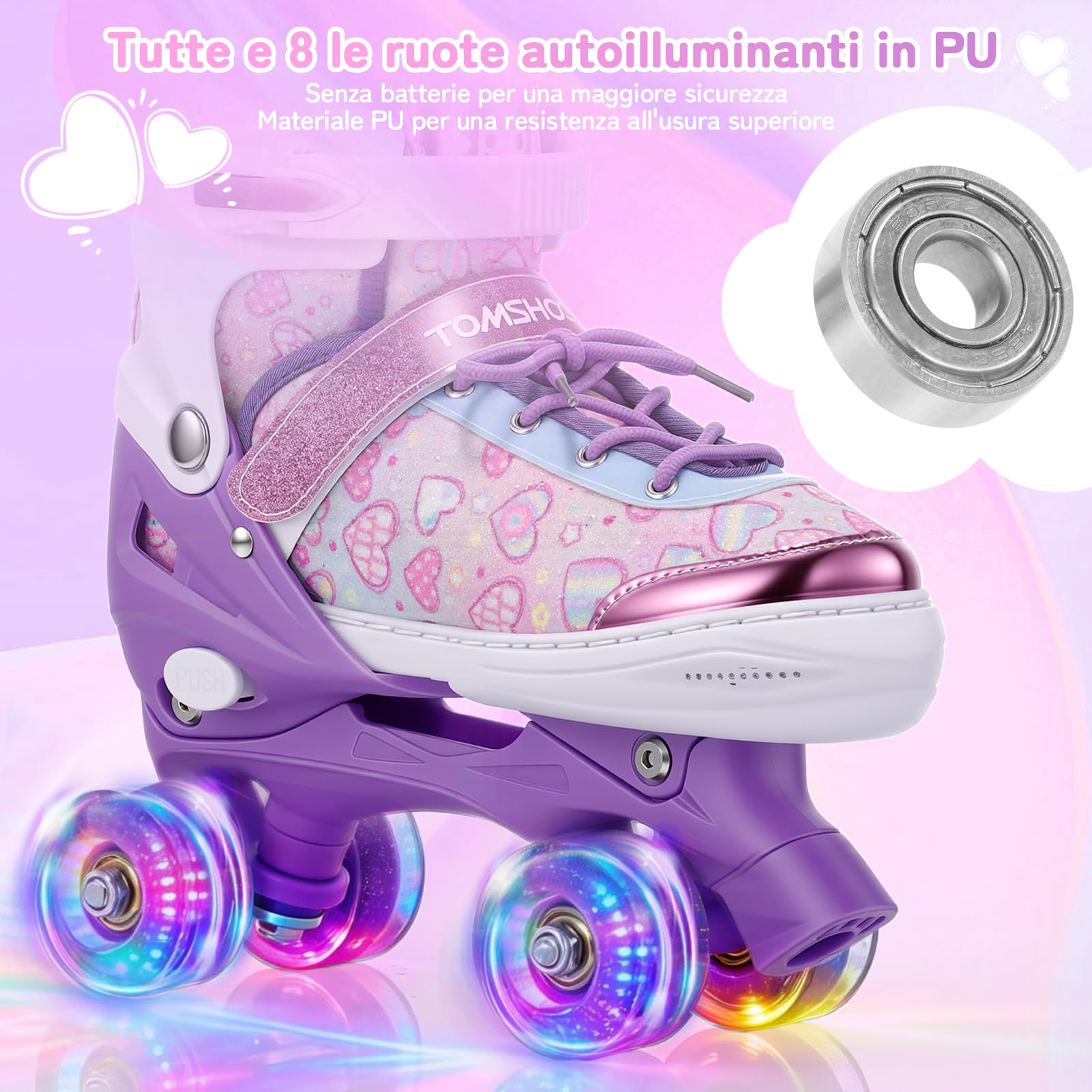 TOMSHOO Pattini a Rotelle Bambina, Pattini 4 Ruote Regolabili con Ruote Luminose LED, Roller Quad Principiante 3-12 Anni, Rollerblade Bambina per Interni ed Esterni, Regalo