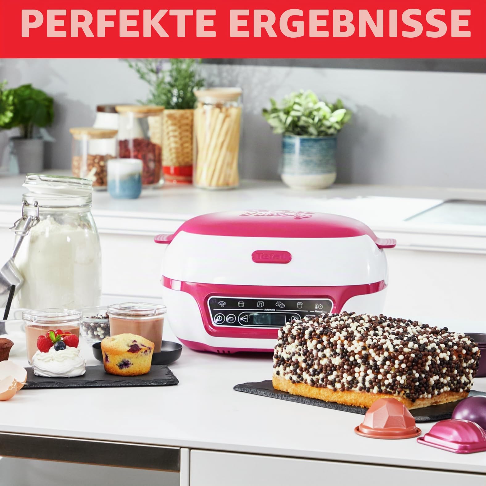 Tefal Cake Factory Délices KD8101 | Kuchenbackautomat | 5 Automatische Programme | Manueller Modus | Rezeptheft | Umfangreiches Zubehör | Gratis App | Kuchen und Süßspeisen | weiß / pink