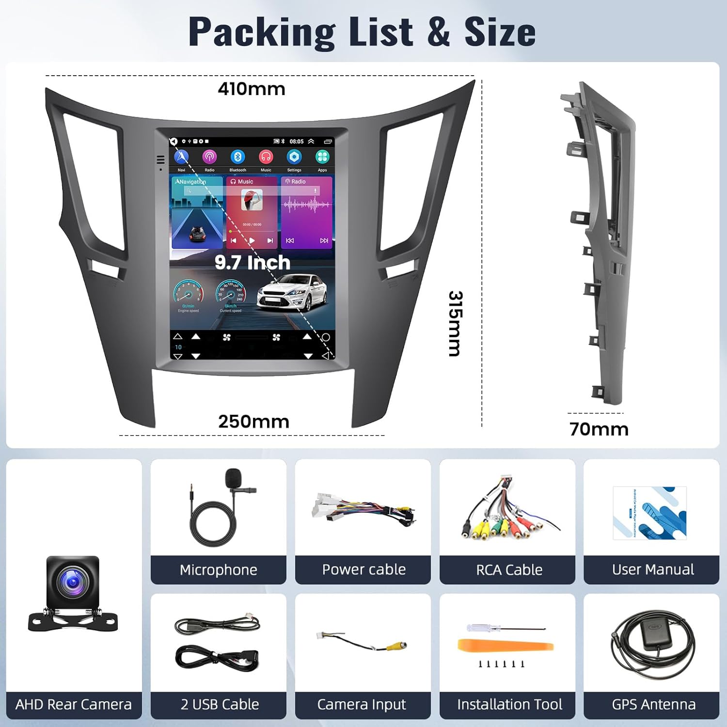 Diagram showing all components included in the SIXWIN Android Car Stereo package, including the main unit, camera, cables, and tools.