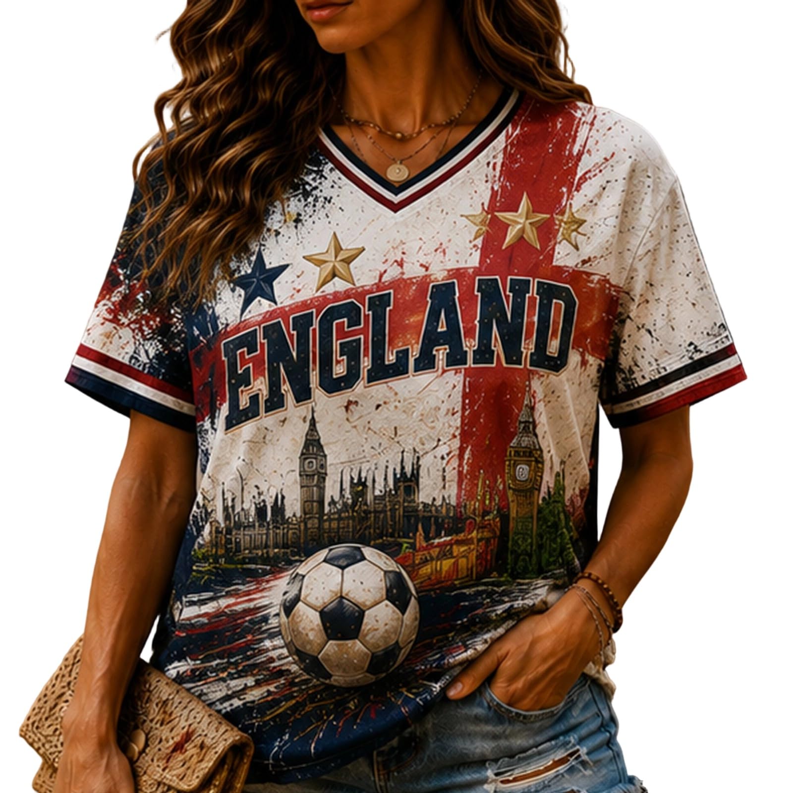 England Football Shirt 2026 Women Casual V Neck Short Sleeve Tops Breathable Lightweight Print World Cup Football T Shirts 2026 Football Match Fan Support T-Shirts Wine L