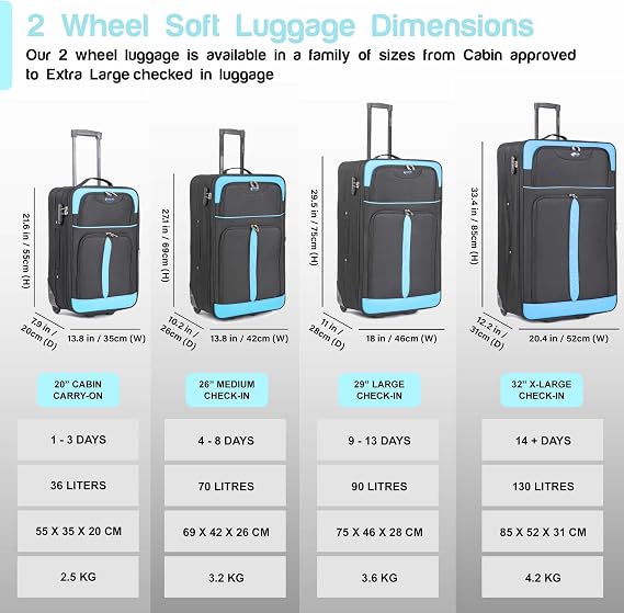Aerostar Medium 26” Lightweight Softshell Expandable Suitcase, Check in Luggage 2 Corner Wheels with Integrated Combination Lock (Black/Aqua, 70 litres)