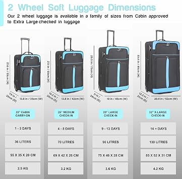 Aerostar Medium 26” Lightweight Softshell Expandable Suitcase, Check in Luggage 2 Corner Wheels with Integrated Combination Lock (Black/Aqua, 70 litres)