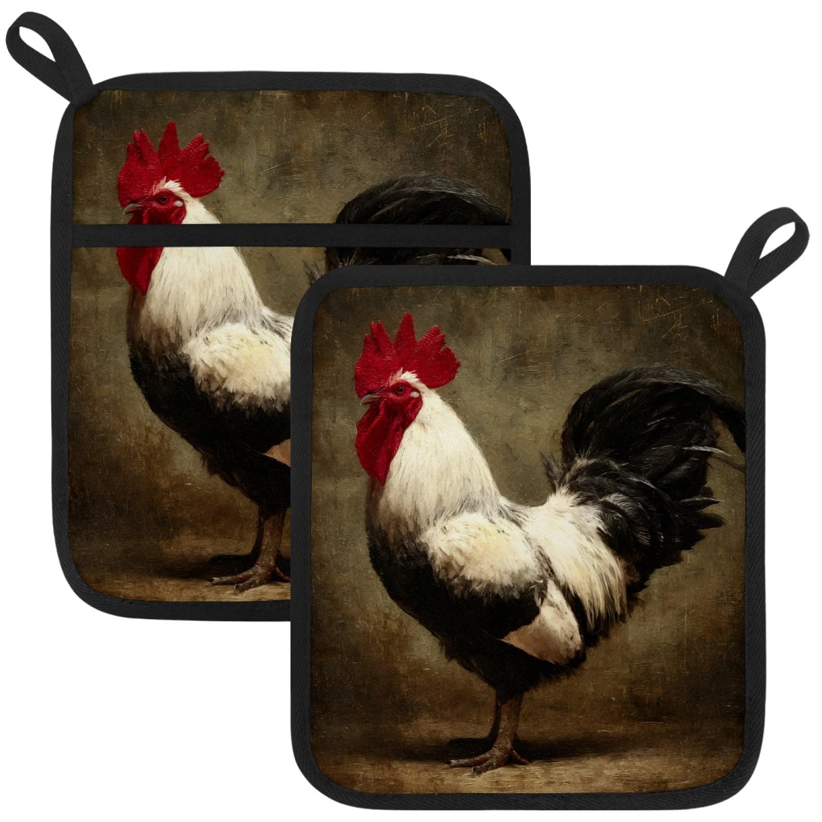 VAPOKF Rooster Heat Resistant Pot Holders, Thick Pot Holders Pad with Hanging Loop for Kitchen, Oven Cloth Pads for Kitchen Baking Microwave Oven