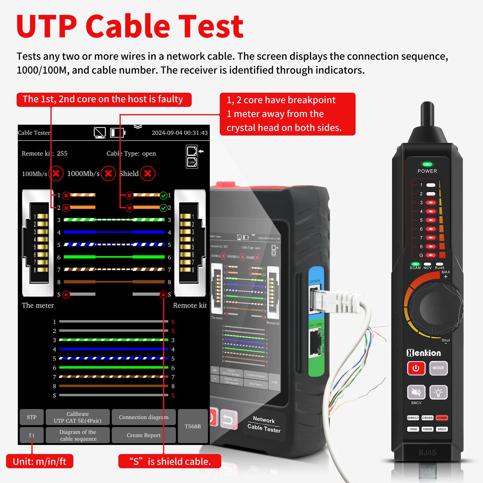 Henkion Testeur Câble Réseau RJ45 Professionnel avec Écran IPS 4", Ethernet Tester Rechargeable, Outils Réseau, Détection POE++, Mesureur de Longueur de Câble, Test TDR RJ45, NCV, Alimentation PD, FTP