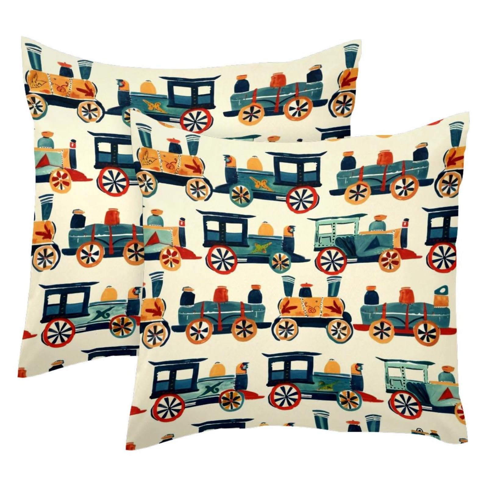 Housse de coussin lavable double face velours motif train