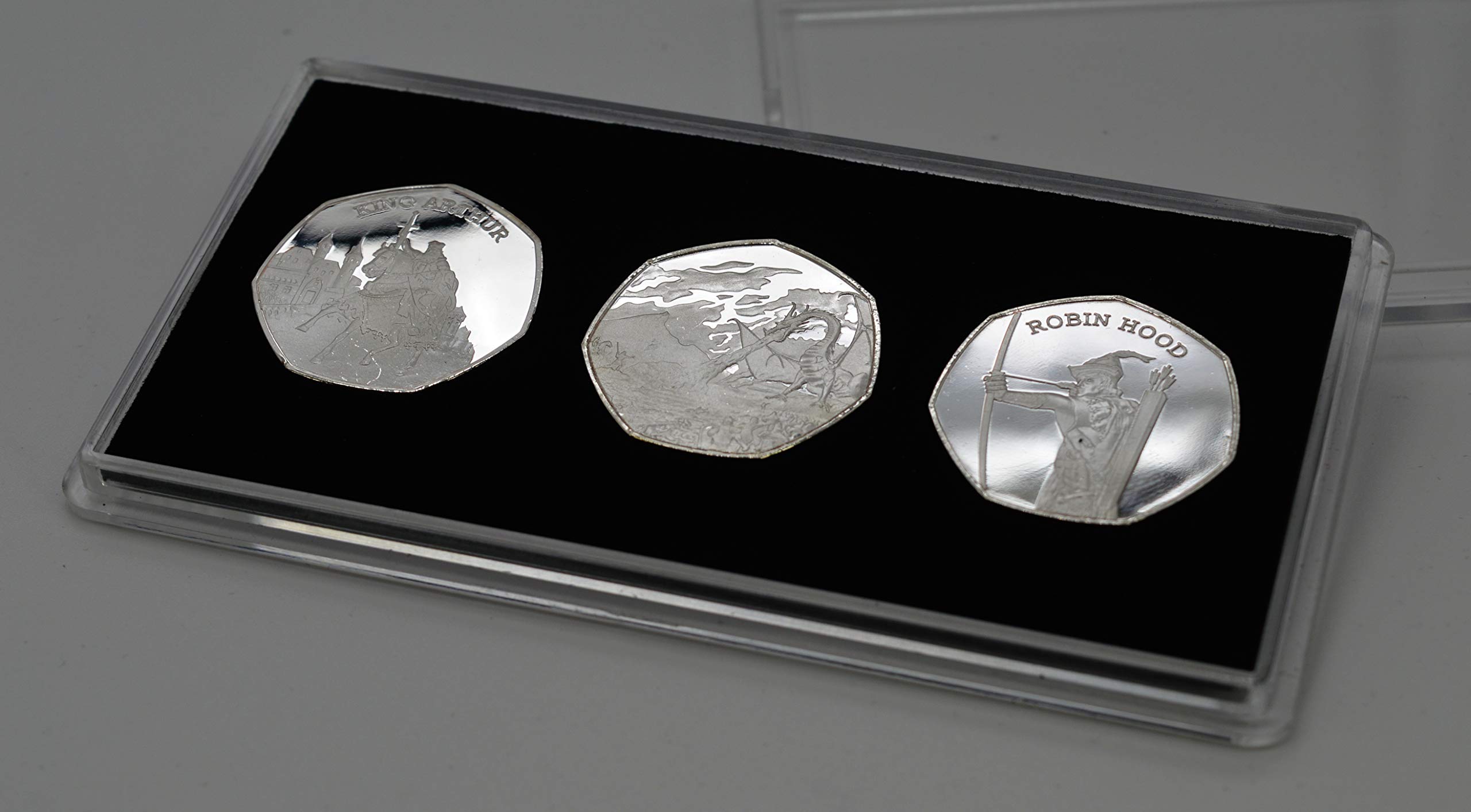 The Commemorative Coin Company Silver Trio Of Fantasy, Myth & Magic Commemoratives In 50P Coin Display Case. King Arthur, Robin Hood, Tolkien/Middle Earth And Rune Translator.