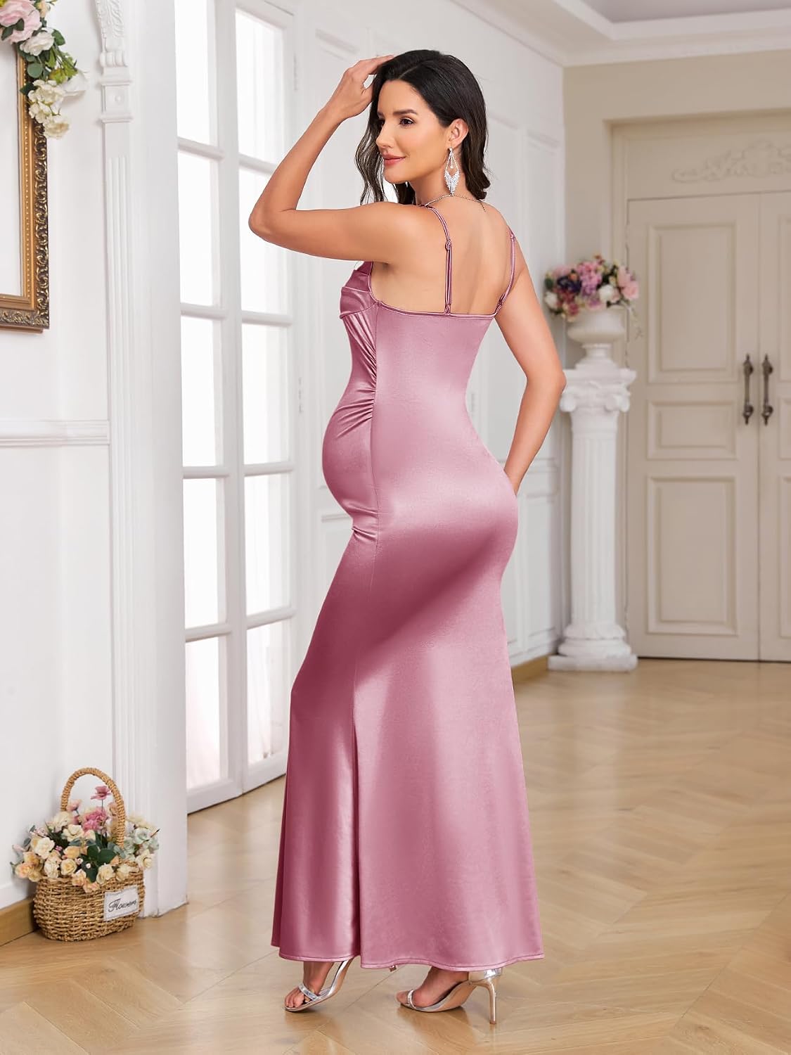 AISWI Satin Maternity Maxi Dress Mermaid Ruched Bodycon Floral Spaghetti Strap Gown for Baby Shower Photoshoot Cocktail