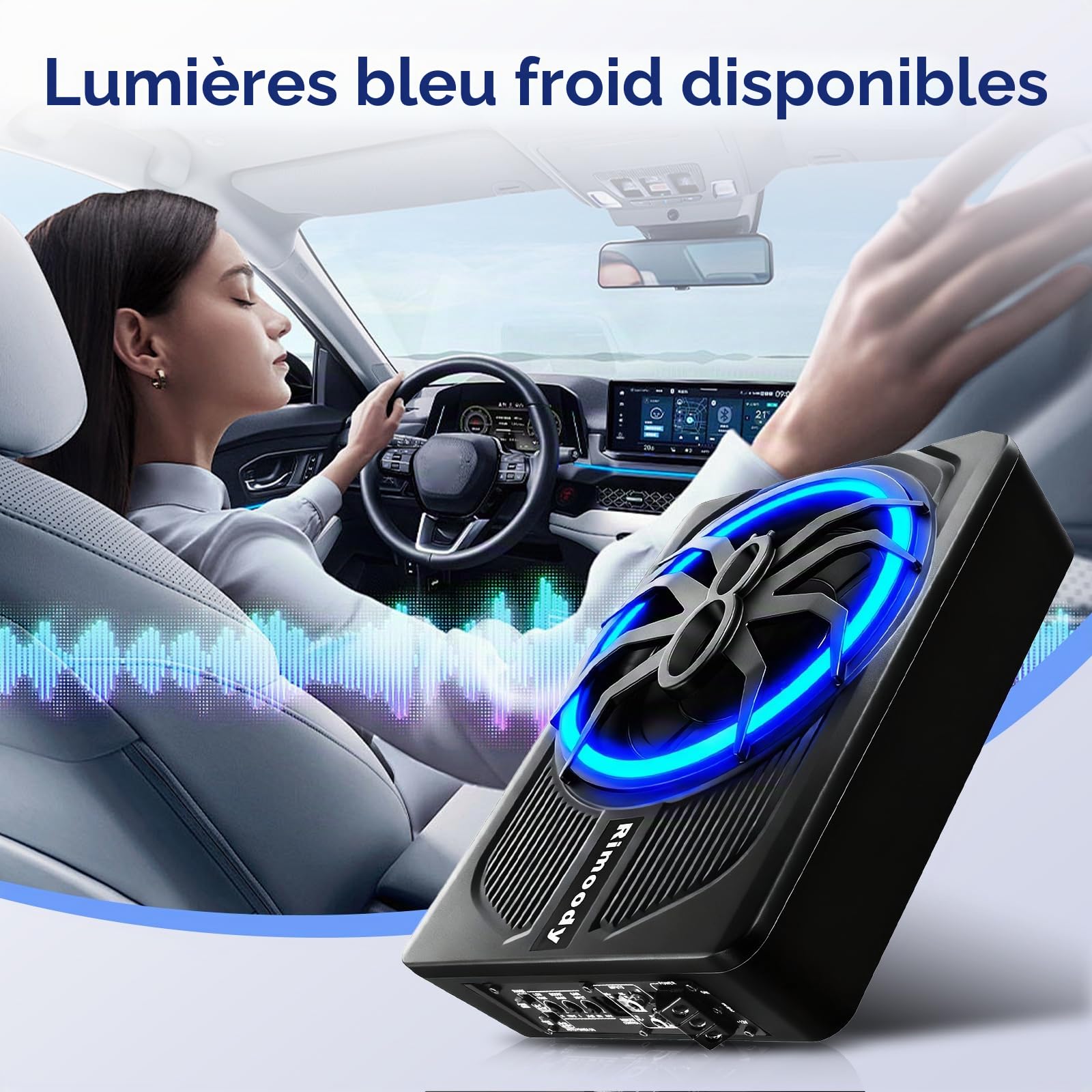 Rimoody Caisson de Basse pour Voiture, 10 Pouces, 1000W Max, 400W RMS, Profil Bas, Contrôle de Phase 0-180°, Boost de Basses 0-18dB, Installation sous Siège avec Éclairage d'ambiance LED Bleu