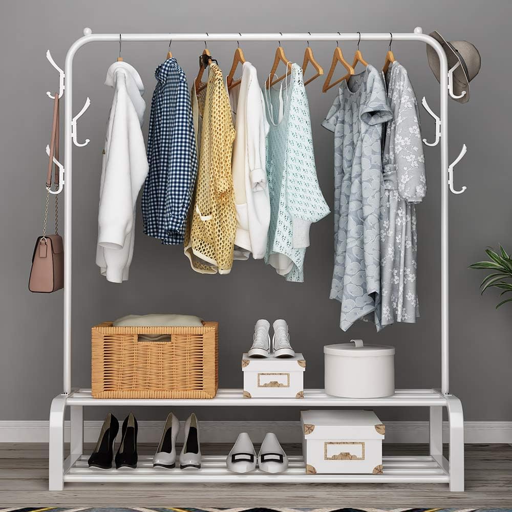 UDEAR Garment Rack Free-Standing Clothes Rack with Top Rod and Lower Storage,White