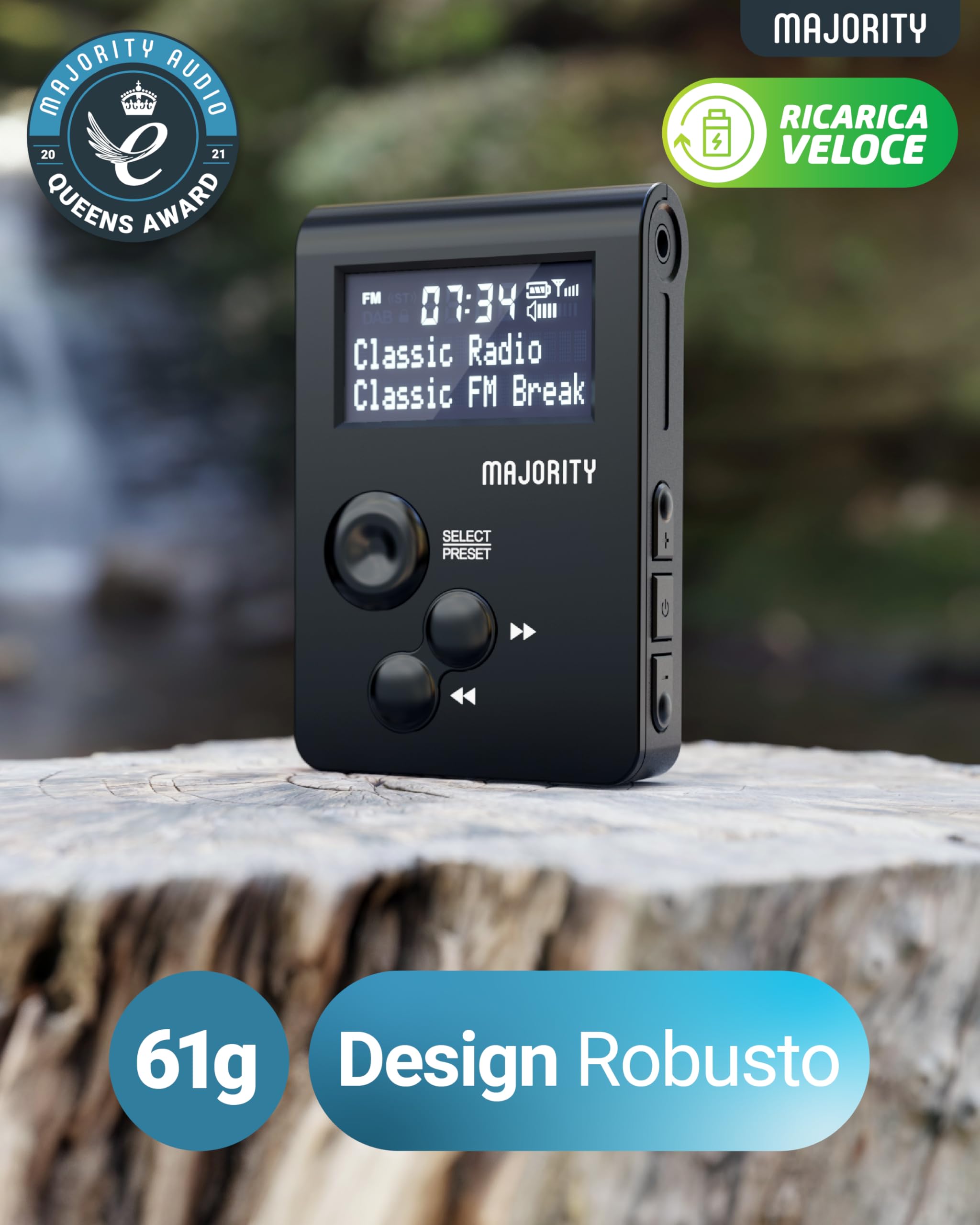 Mini Radio Portatile DAB | Radiolina Portatile con Cuffie | Radio DAB Portatile con Clip Sportiva e Pulsanti Bloccabili | Batteria da 12 ore | Majority Petersfield Go