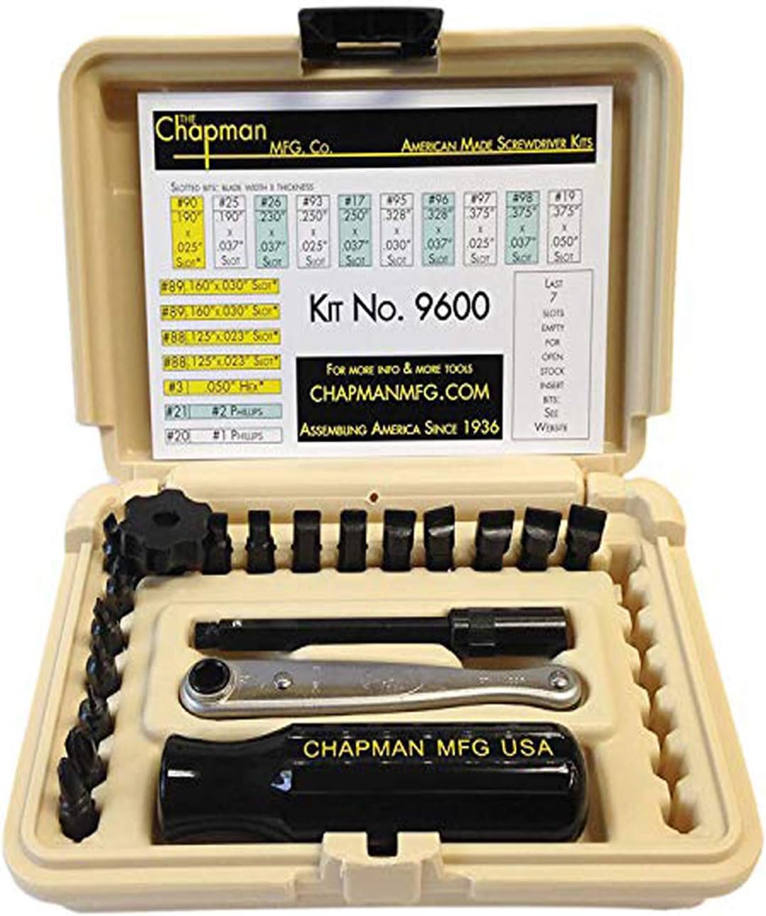 9600 Starter Slotted Screwdriver Set - 20 Pieces - Includes 14 Slotted Head Insert Bits, 2 Phillips, Mini Ratchet, Screwdriver Handle, Extension + Open Slots, USA Made (Desert Tan Case)