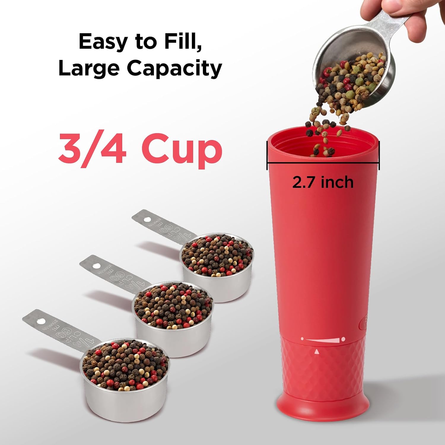 Image showing peppercorns being poured into the wide opening of the Kitchen Mama FlipTastic Grinder.