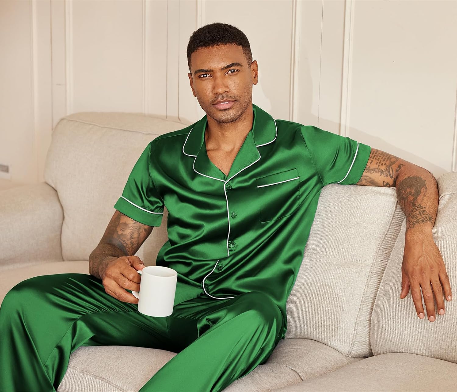 Ekouaer Mens Satin Pajama Set Short Sleeve Button Down Sleepwear Classic Loungewear Set with Long Pants - Image 6