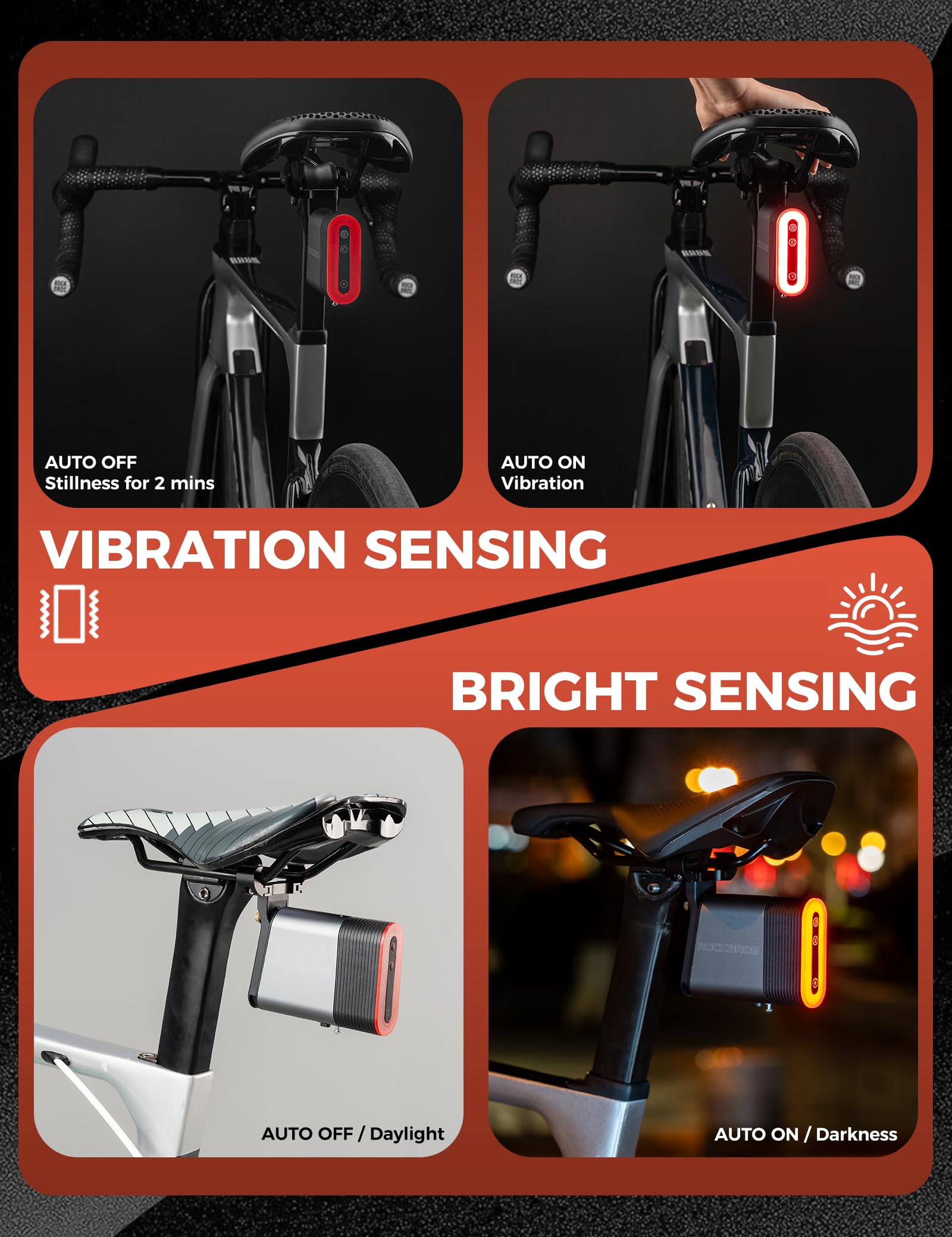 ROCKBROS Luz Trasera Bicicleta y Candado Bluetooth 2 en 1, Luz Inteligente con Encendido/Apagado Automático, 5 Modos y IPX6 Impermeable para MTB, Gravel, Ebike y Carretera