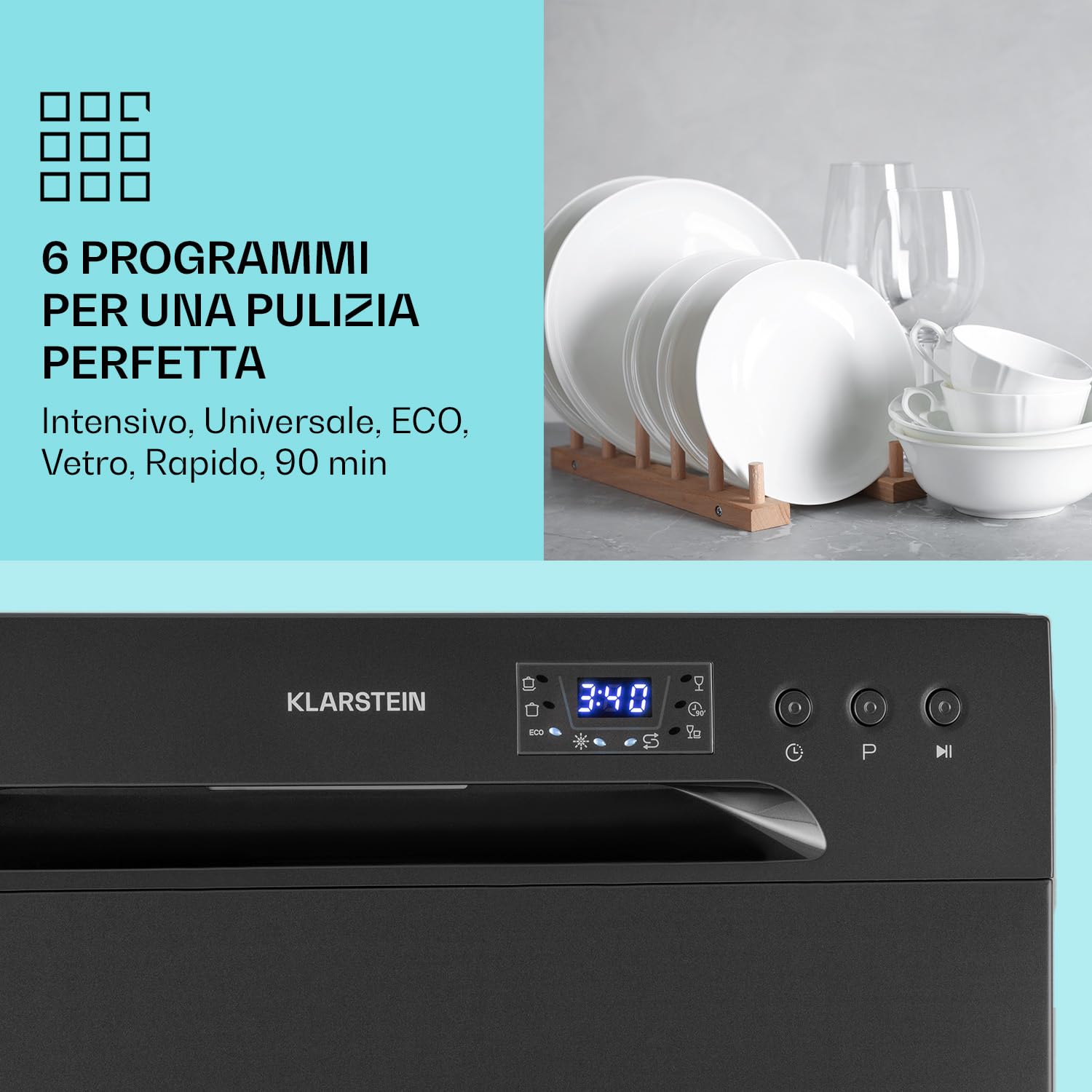 Klarstein Lavastoviglie 8 Coperti, Libera Installazione Silenziosa con 6 Programmi di Lavaggio, Lavastoviglie Mini da Tavolo Compatta e Facile da Installare, Acciaio inossidabile, Antracite