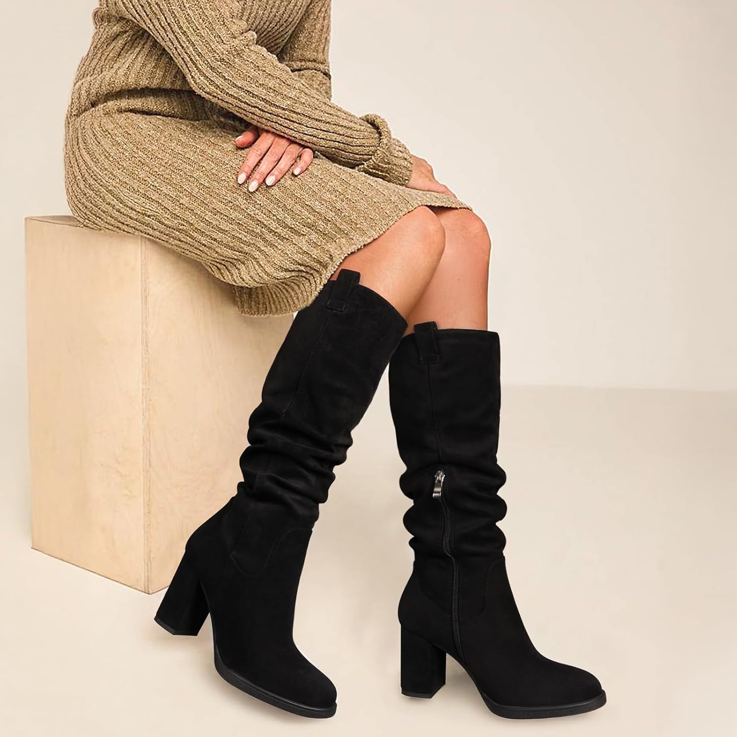 Suede Knee High Boots for Women - Tall Chunky High Heel Dress Boot with Side Zipper, Round Toe Ruched Slouch Block Long Boots for Ladies, Stylish Fall Boot for Work, Party & Everyday Wear - Image 2