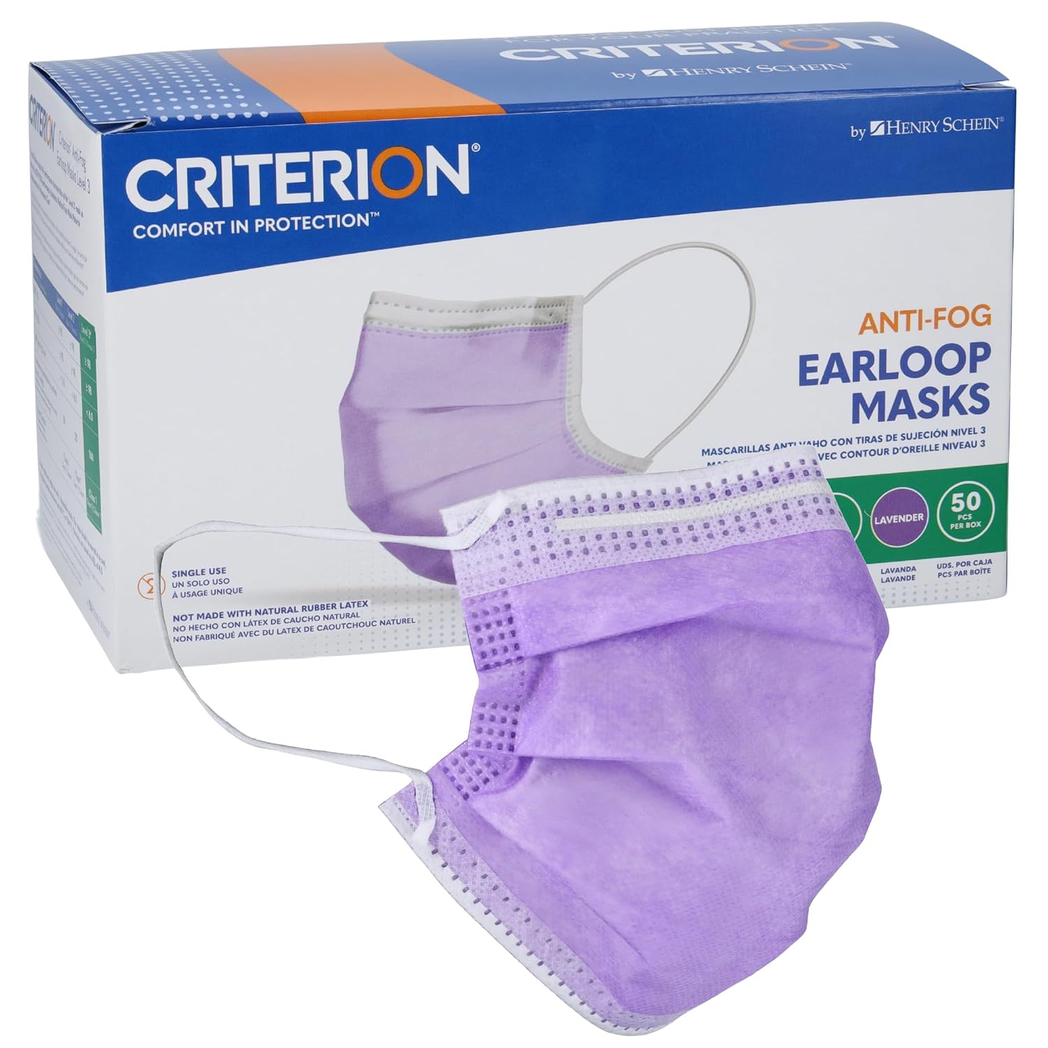 Criterion ASTM Anti-Fog Level 3 Adult Face Masks, Lavender, 3-Ply, 50 Ct | Anti-Fog Design, High Filtration, Fluid Resistant, Latex Free, Non-Sterile, Adjustable Nosepiece, Flat Ear Loops, Soft Inner