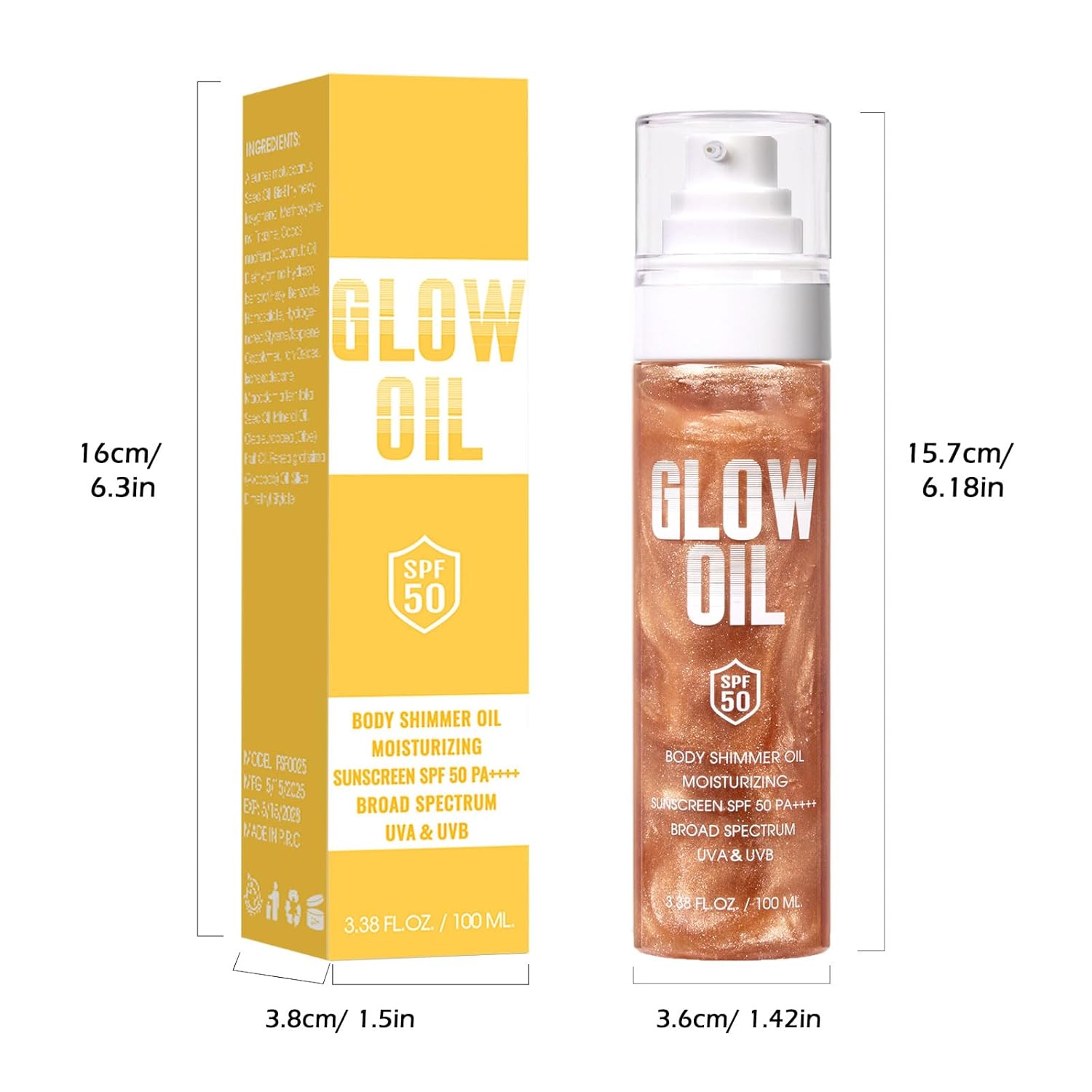 Body Glow Oil, Broad Spectrum SPF 50, Glitter Shimmer Sunscreen Body Oil Lotion with Sequin Mica, Lightweight Non-Sticky Moisturizer with Coconut, Skin Illuminator Glowing Results (02# Rose Gold)(02# Rose Gold)