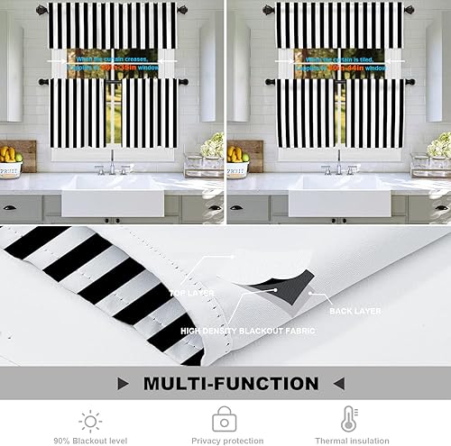 Miniatura 4 de Batmerry Cortinas negras modernas y sencillas a rayas, con diseño geométrico de cebra en negro y blanco, cortina de cocina corta de poliéster para