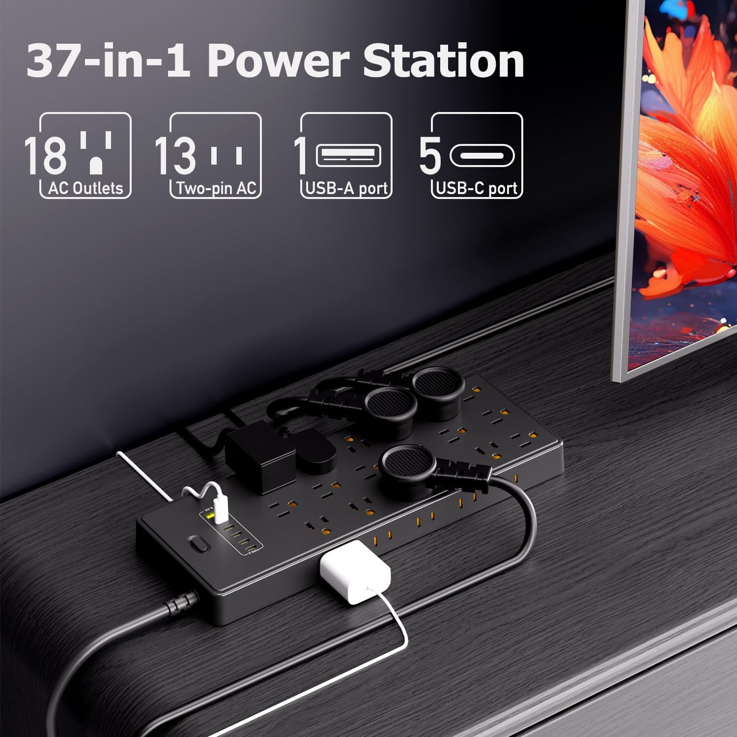 Power Board Surge Protector Socket Extender, with 31 sockets and 6 USB Ports (5 USB C), 6-Foot Extension Cable and Flat Plug, Wall Mounted, Suitable for Home, Office, Dormitory (Black)