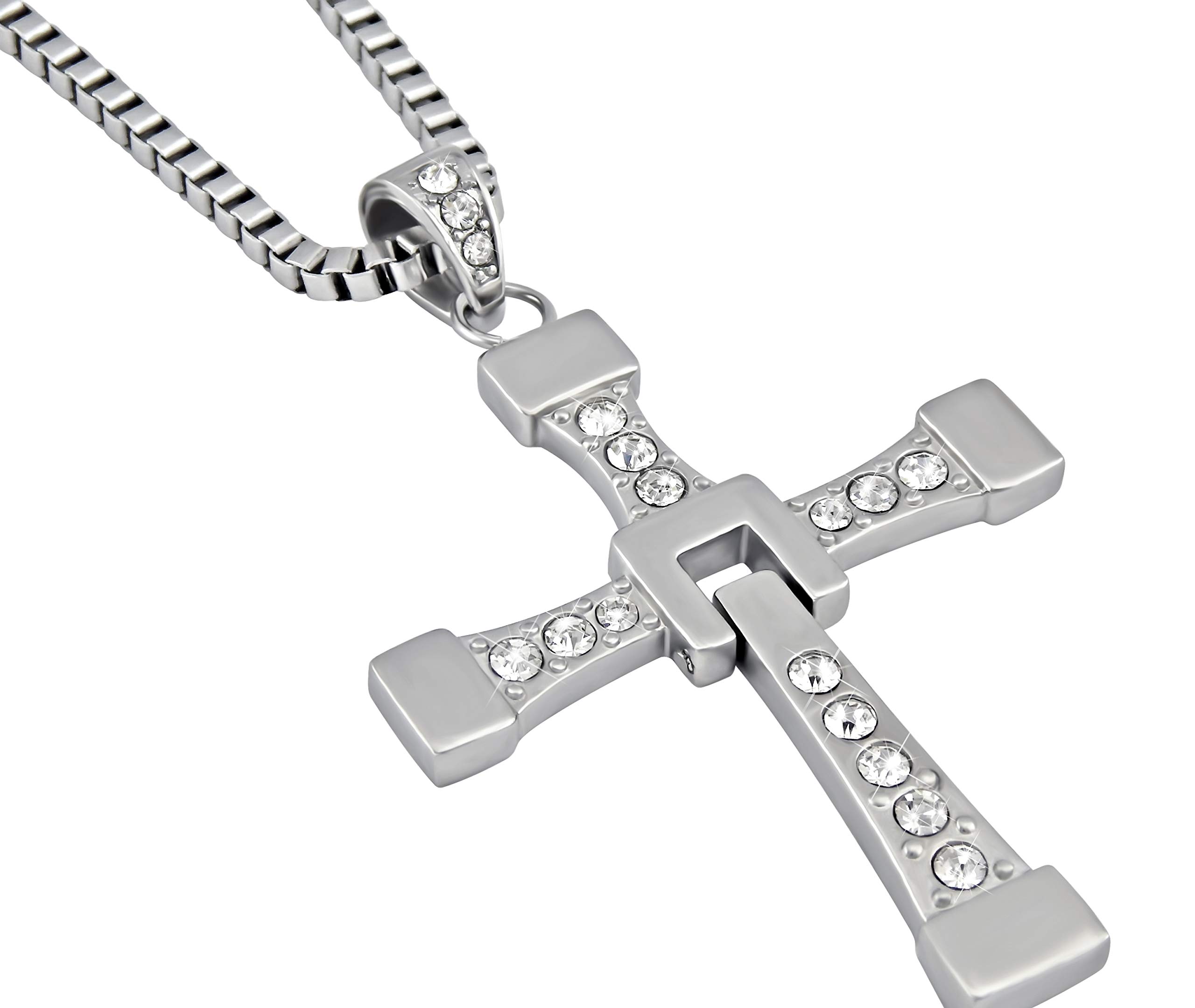 Collana in acciaio inox con ciondolo a forma di croce e strass lunghi 60 cm – Collana Dominic Toretto ispirata a Fast and Furious – Articolo perfetto per i fan del film