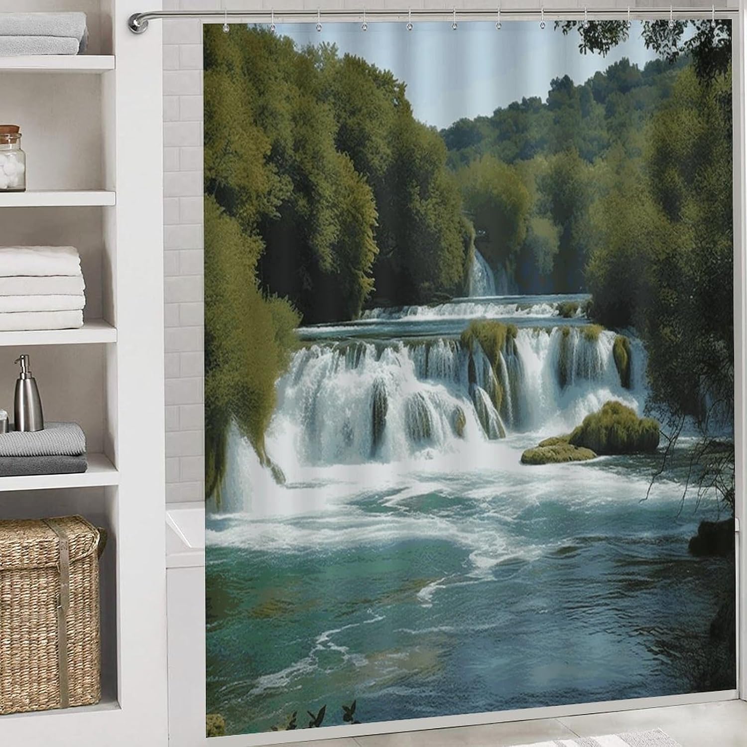 Waterfalls on Krka River Shower Curtain Set 4 Piece, Non-Slip Bath Mat with Toilet Lid Cover and Waterproof Shower Curtain with 12 Hooks, Complete Bathroom Set for Home Decor