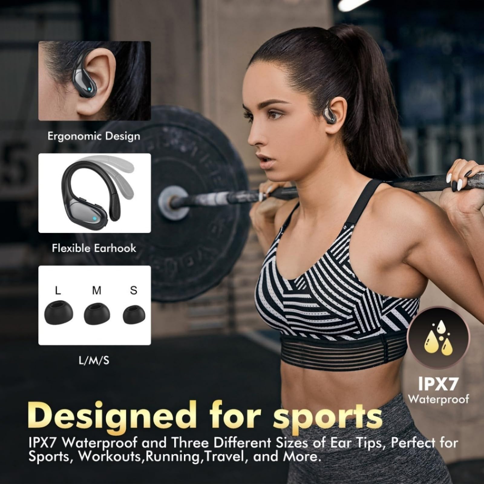 HAOYUYAN Écouteurs sans fil, écouteurs Bluetooth de sport, 80 heures de lecture, avec affichage de l'alimentation LED, casque antibruit, écouteurs étanches IPX7 pour entraînement/course à pied