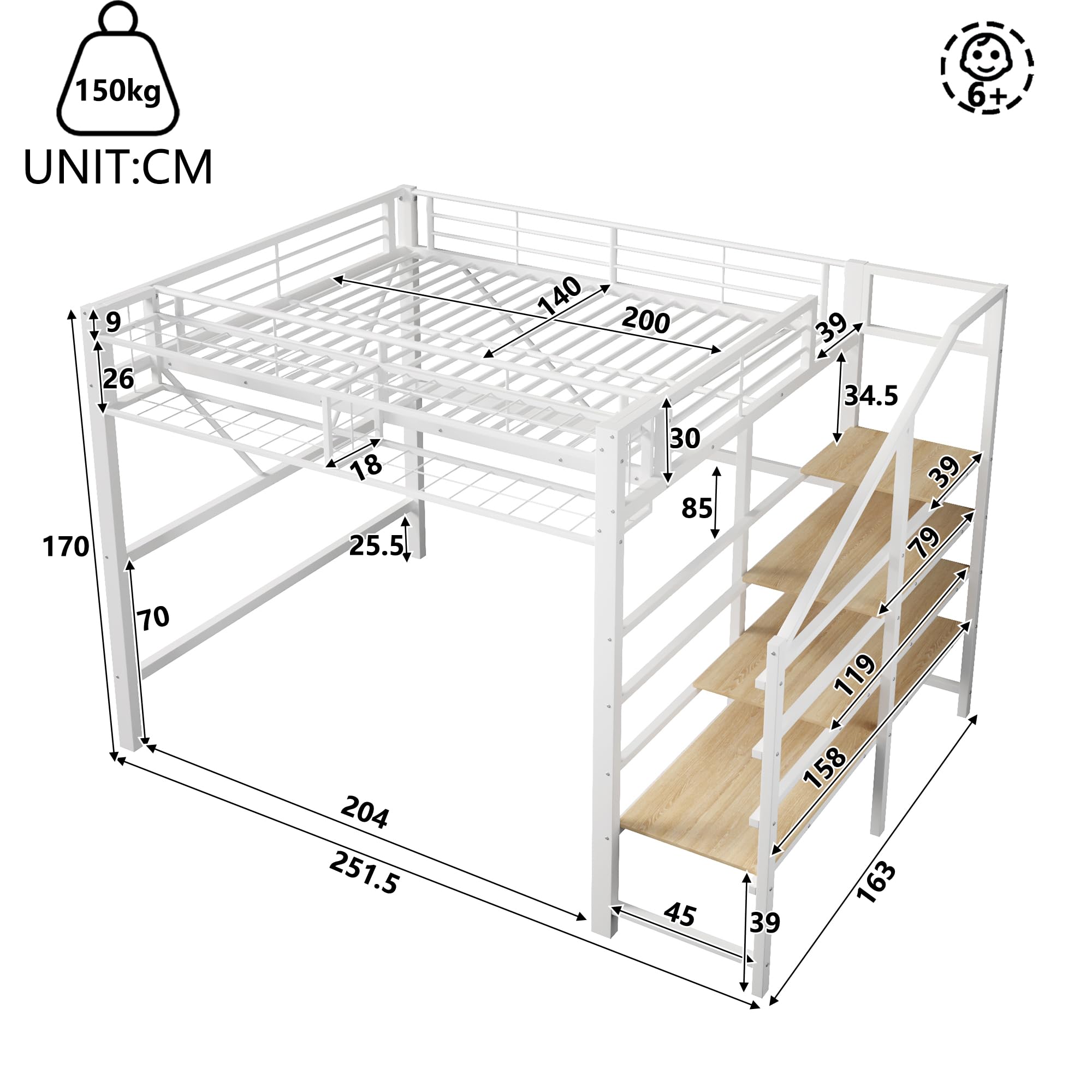 Cama Alta 140x200 con Baldas Abiertas Cama Canapé con Almacenamiento Integrado Double Bed sin Colchón con Paneles de Rejilla y Cesta Integrada para Apartamento Blanca