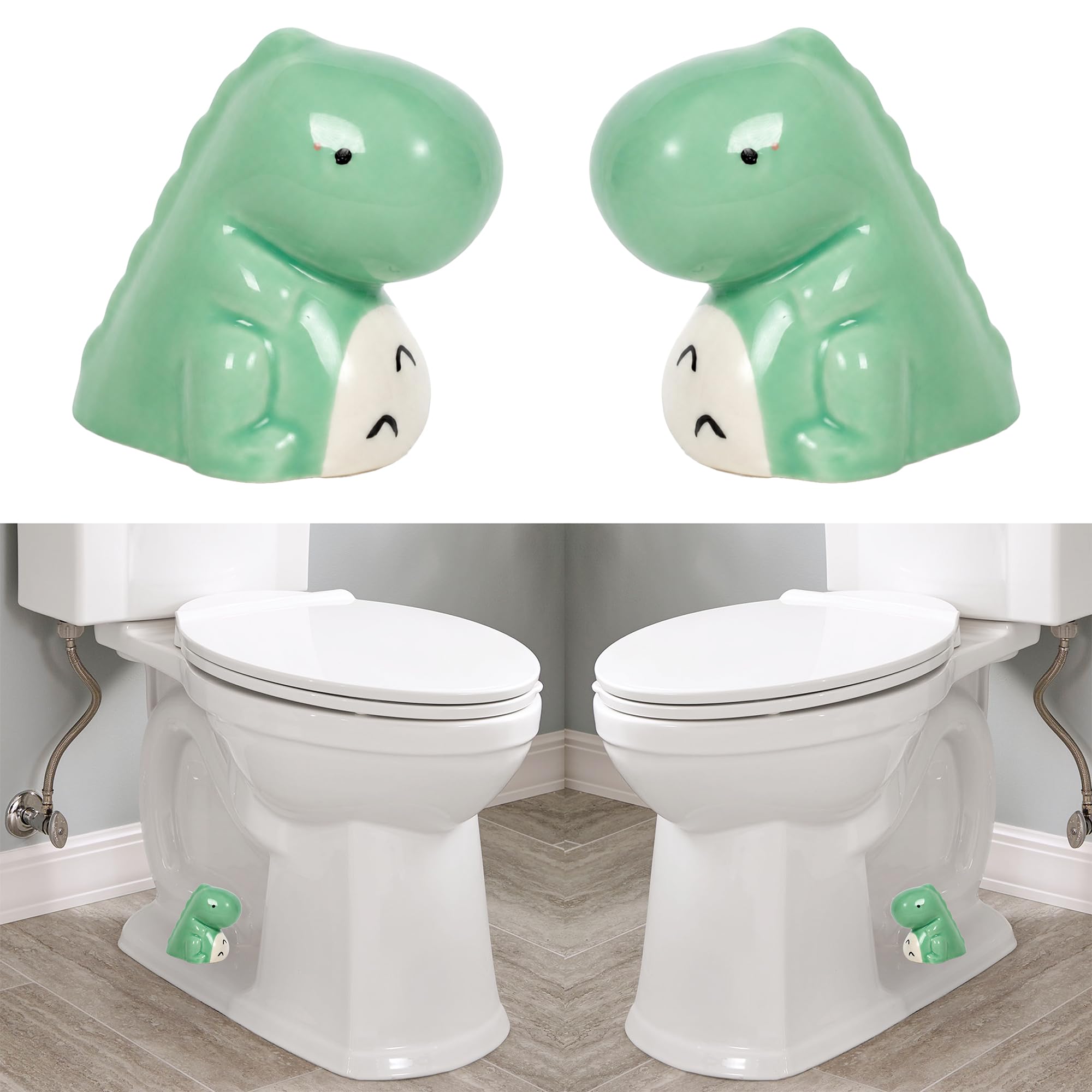 ZUNON Toilet Bolt Caps, Decorative Toilet Bolt Covers, Ceramic Cute Dinosaur Covers Toilet Bolts Bathroom Decor Easy Installation Set of 2 (Green Dinosaur 2PCS)
