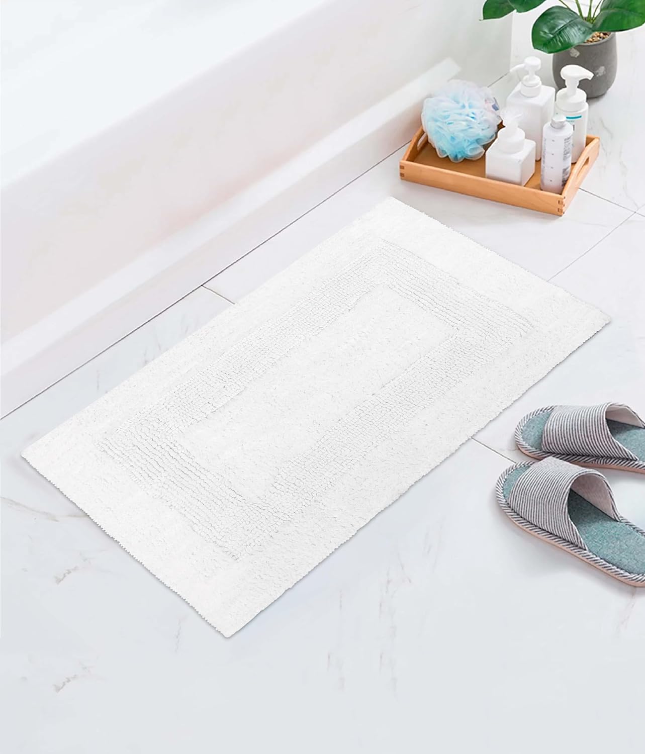 Cotton Craft 2 Piece Reversible Step Out Bath Mat Rug Set 17x24 White, 100% Pure Cotton, Super Soft, Plush & Absorbent, Hand Tufted Heavy Weight Construction, Full Reversible, Rug Pad Recommended