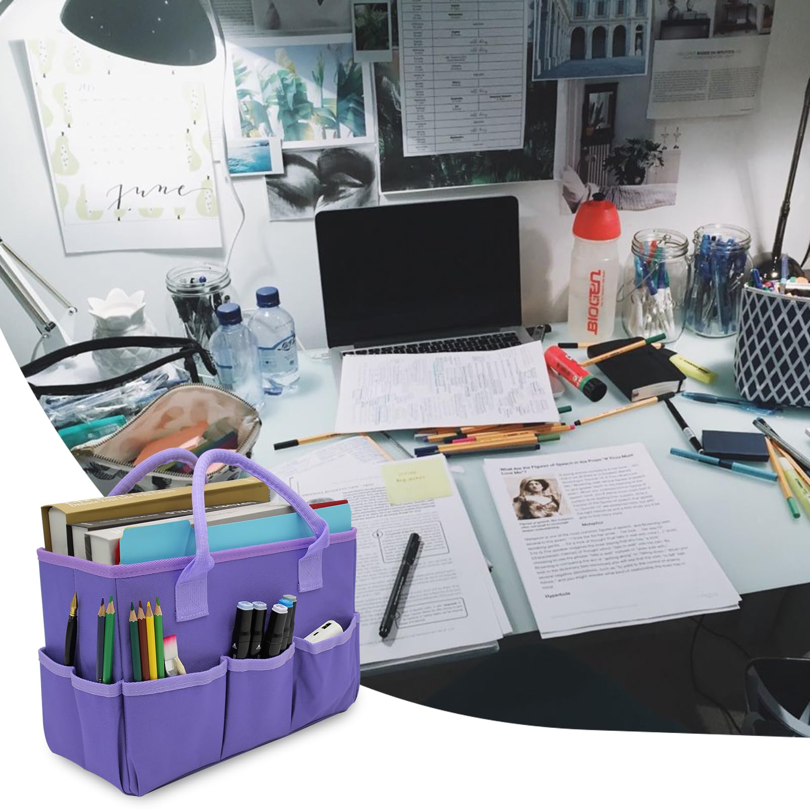 Bolsa de manualidades y arte para suministros con bolsillos, bolsa Oxford morada para artistas, niños, profesores, organizador de almacenamiento