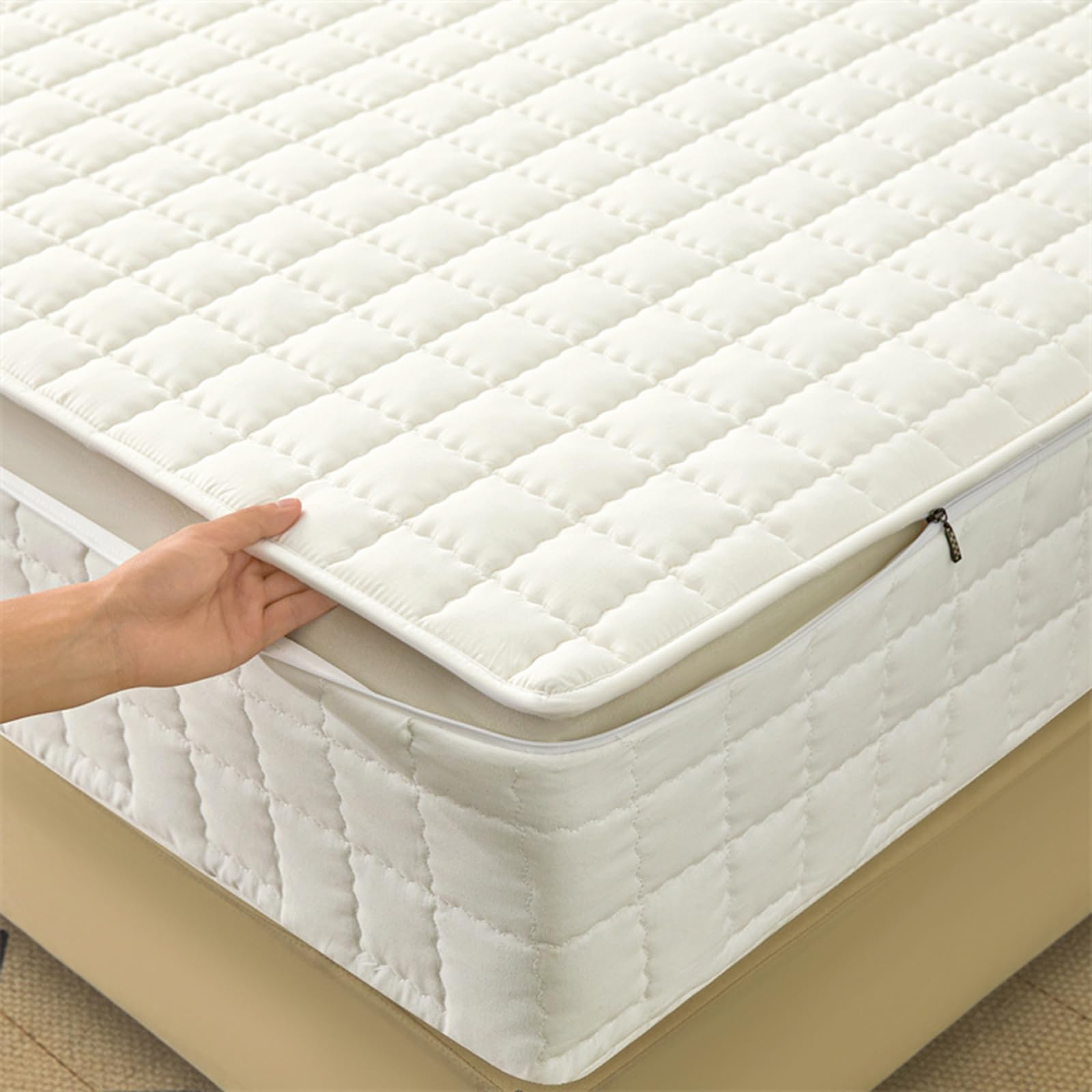 Full Cover Quilted Mattress Protector Zipped Mattress Topper Single/Double/King 135x190/200 Fitted Sheet Noiseless Breathable 6 Sided Zipper Closure Full Encasement Covers Washable(180X200+40cm,A)