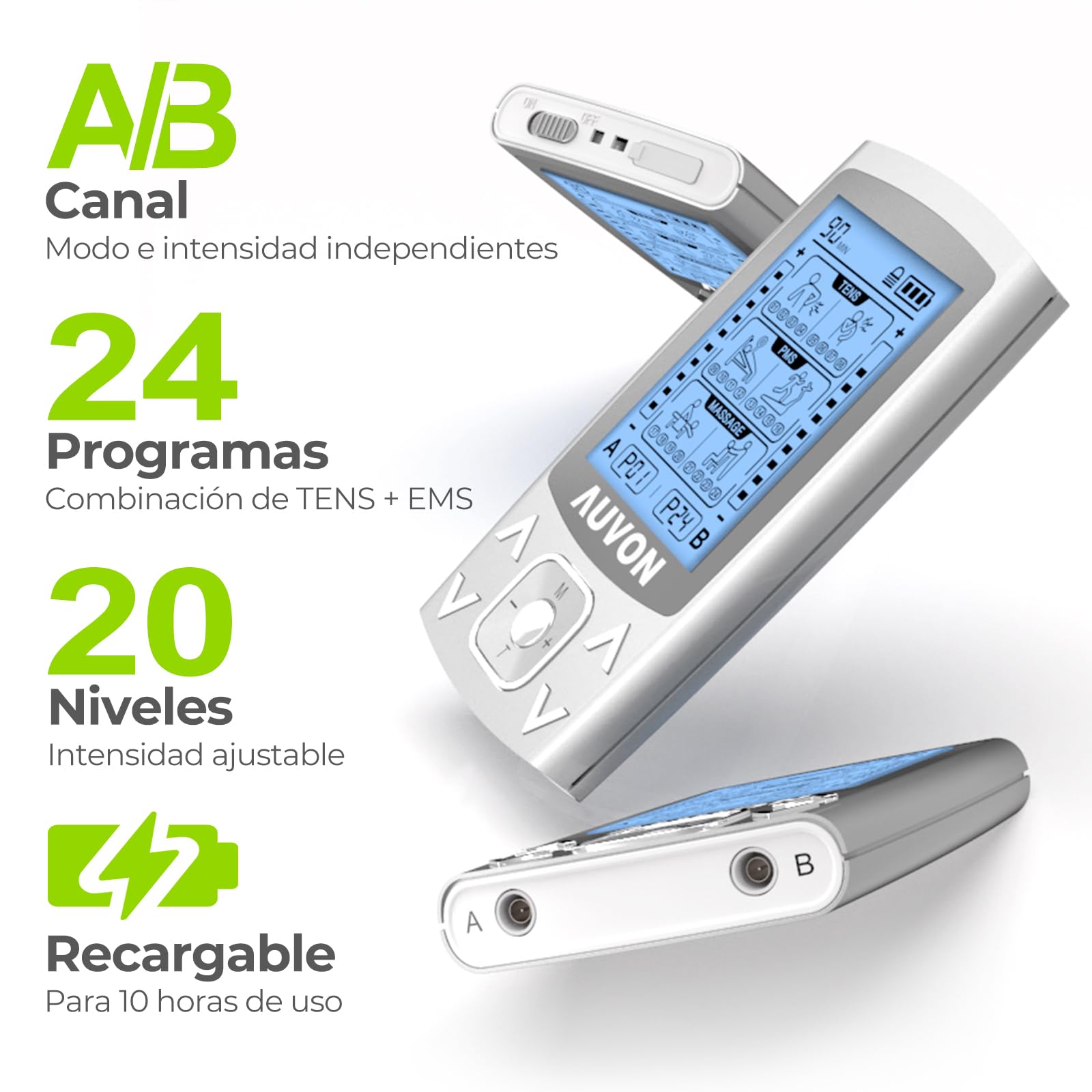 AUVON 3-en-1 Electroestimulador muscular de 24 modos, con función TENS, EMS y masaje, para aliviar el dolor muscular y fortalecer los músculos, 2 Canales, 12pcs 2"x2" Electrodos con diseño patentado