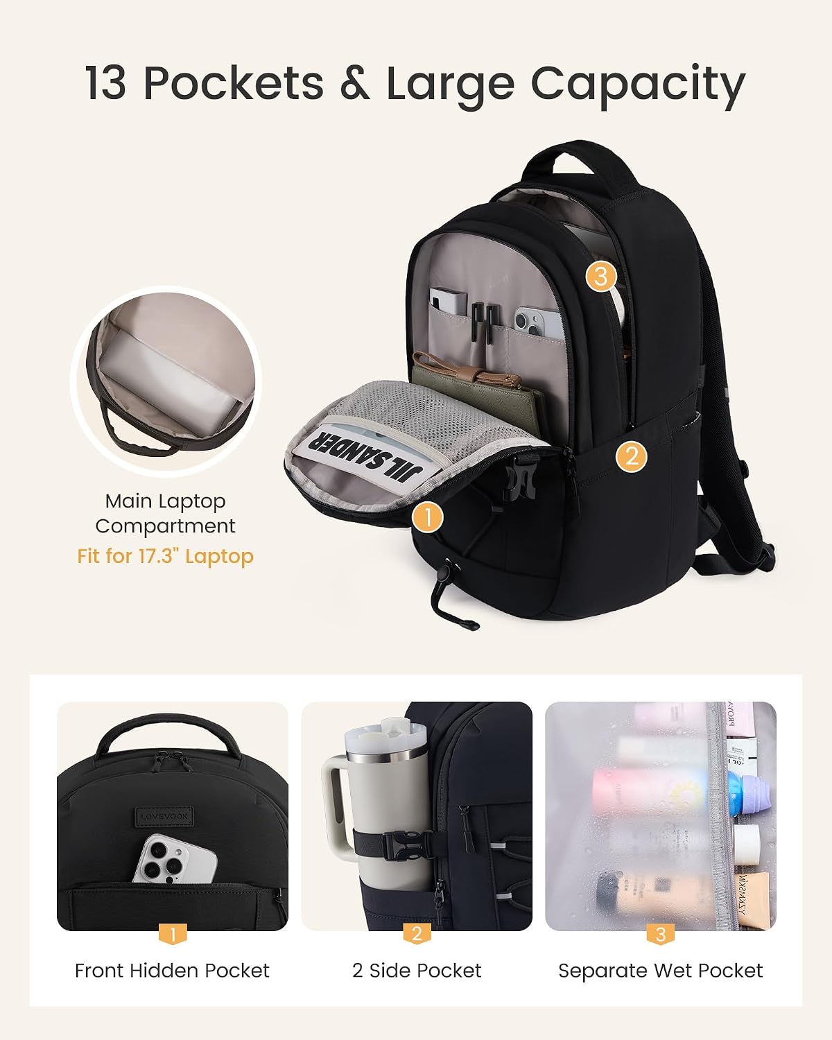  College Laptop Backpack, 15.6 Inch Padded Daypack with Giant Tumbler Holder, 13 Pockets Waterproof Work Bag for Commute Nurse Teacher Office Travel thumbnail
