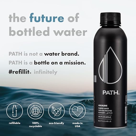 PATH Alkaline Bottled Water - 9.5 pH-Balanced Purified Water with Electrolytes in Aluminum Bottle - BPA-Free, Reusable, Infinitely Recyclable - Pure, Crisp, Refreshing Taste 20.3 fl oz (Pack of 4)