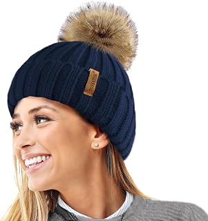 TOSKATOK® Womens Winter-Rib Strickmütze/Beanie mit abnehmbaren Chunky Faux Fur Bobble Pom Pom
