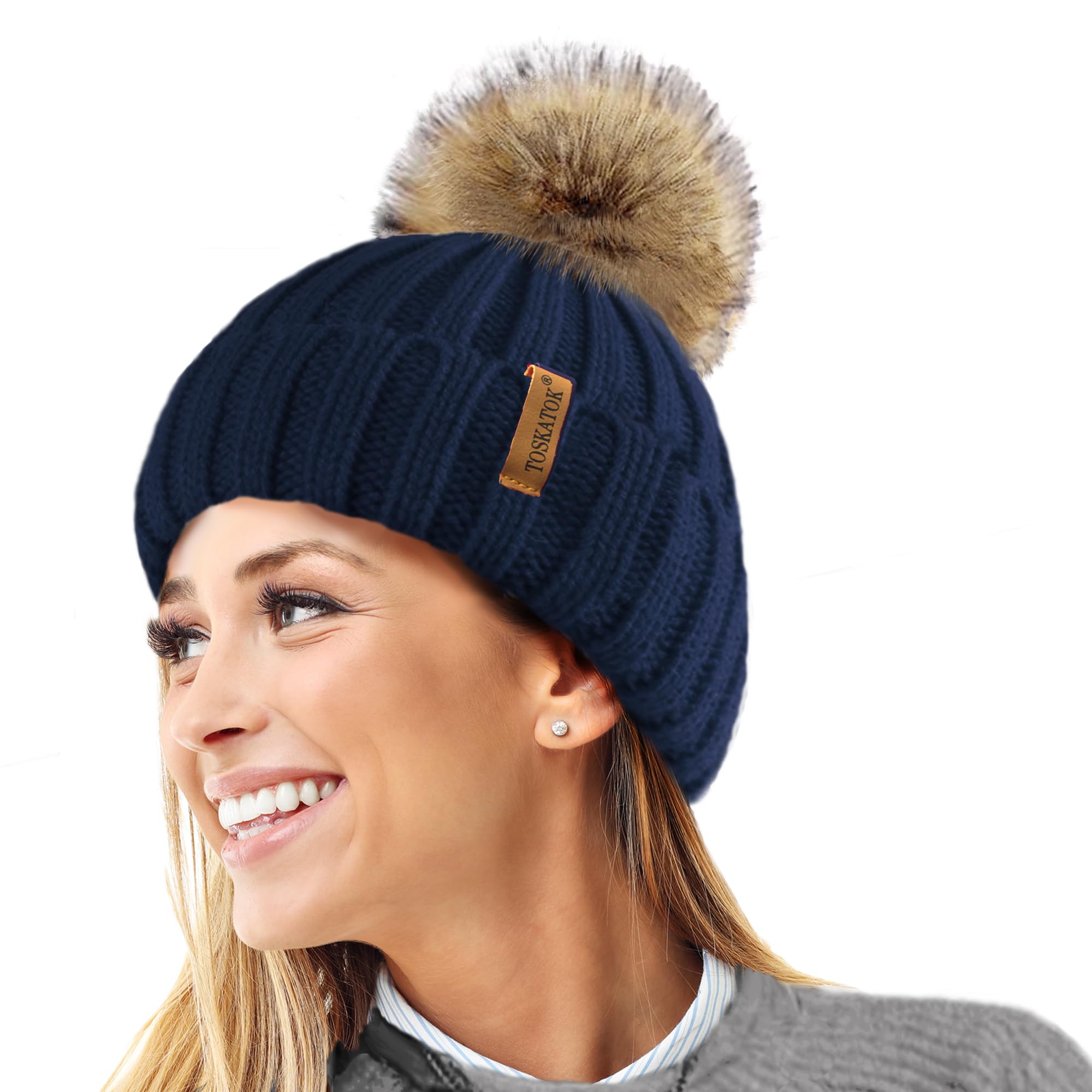 Toskatok Women's Navy Toskatok® Warm Winter Hat Woolly Knitted Beanie With Detachable Chunky Faux Fur Bobble Pom Pom